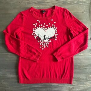Talbot's Red‎ Je'Taime White Heart Lighweight Pullover Sweater Womens Size S